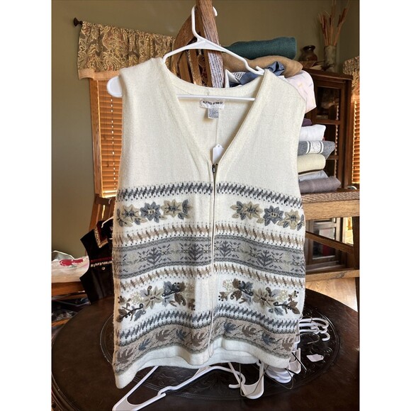 Alfred Dunner Vest Womens Medium Sweater Vest Zipper Ivory Embroidery - Picture 1 of 7